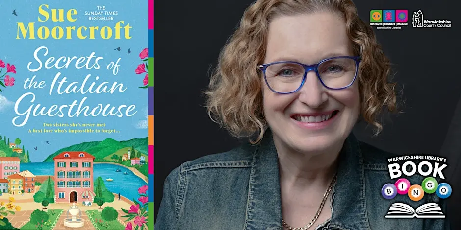 Image of Sue Moorcroft, book cover and Alcester Library logo