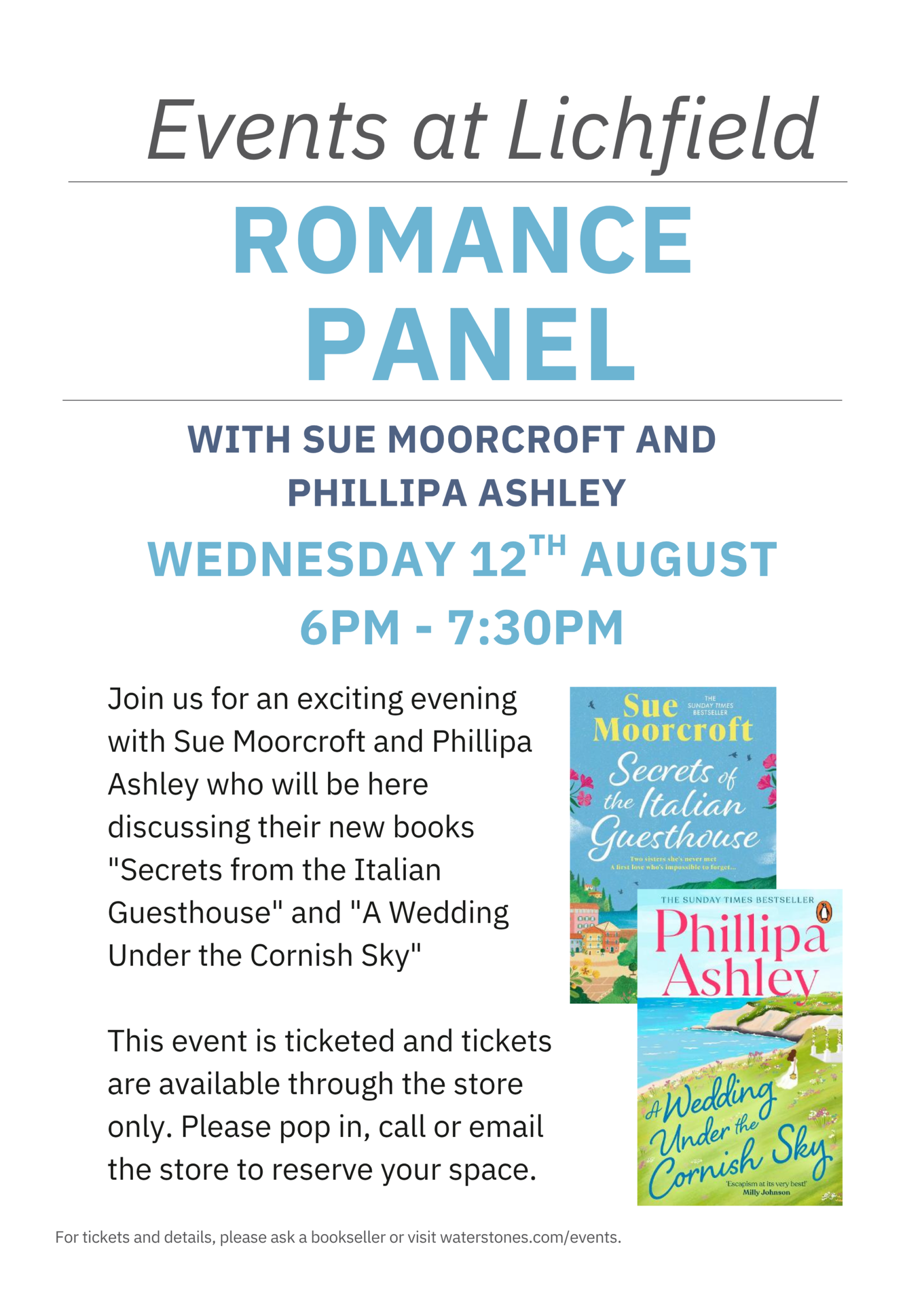 Event poster giving details and book covers.